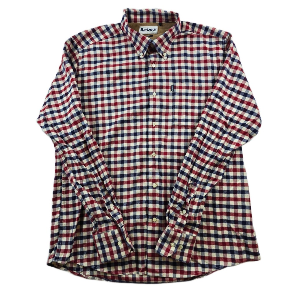 Barbour Soft Cotton Shirt Mens Large Red Navy Cream Check Flannel Tailored‎ Fit